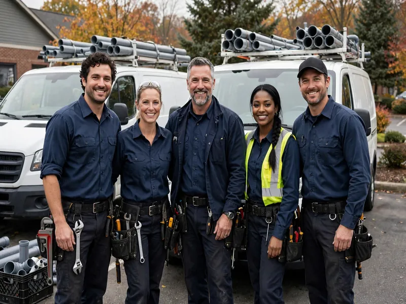 Técnicos de Sewer Line Repair Group frente a las camionetas de servicio en Nueva Jersey