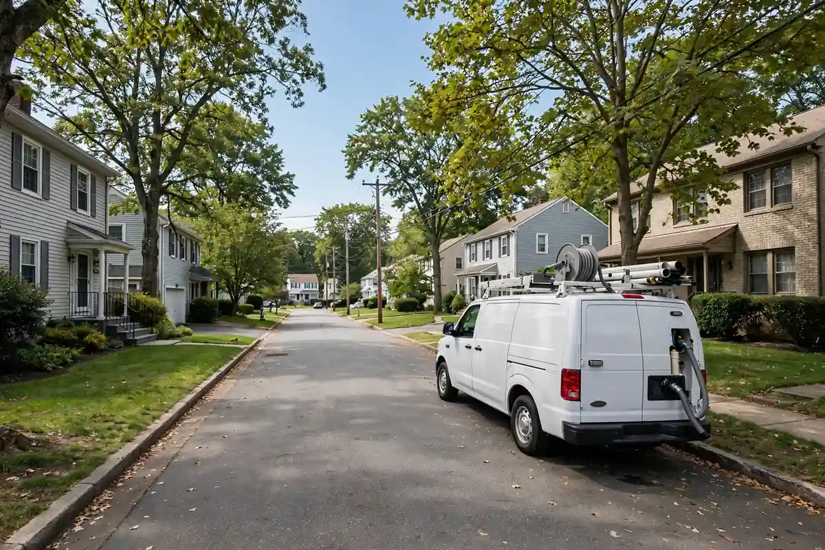 Sewer line repair equipment working on a narrow residential lot in Hall Avenue, Perth Amboy NJ