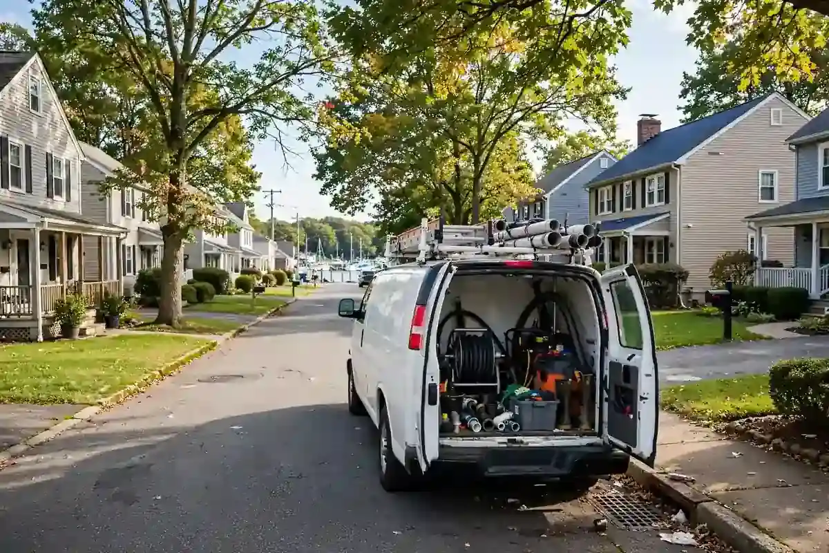 Comunidad costera de casas adosadas en Harbortown, Perth Amboy NJ donde se da servicio a laterales modernos de PVC