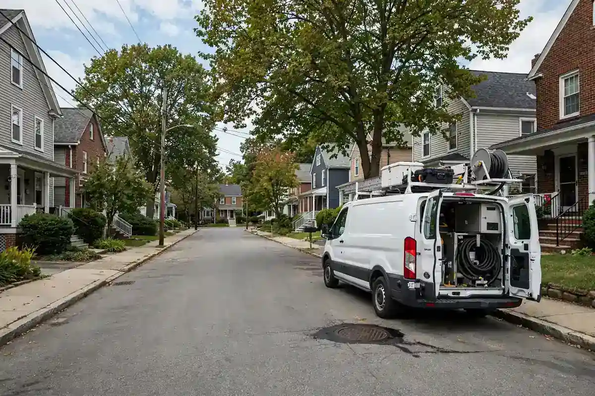Trabajo de reparación de líneas de alcantarillado en State Street, Perth Amboy, Nueva Jersey