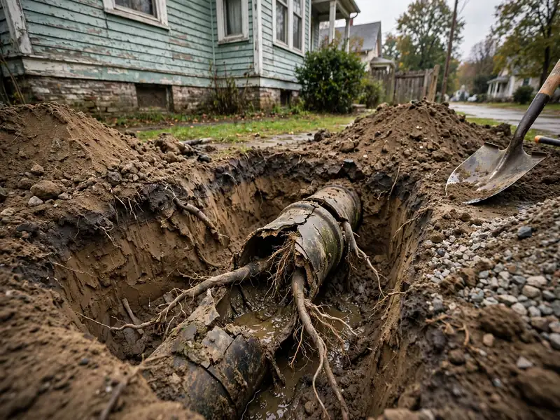 Tubería vieja de barro vitrificado expuesta en una casa antigua de Perth Amboy