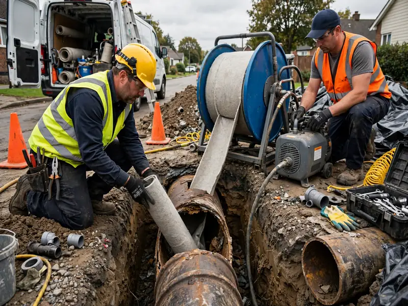 Técnico instalando un forro de tubería curado en sitio en Perth Amboy