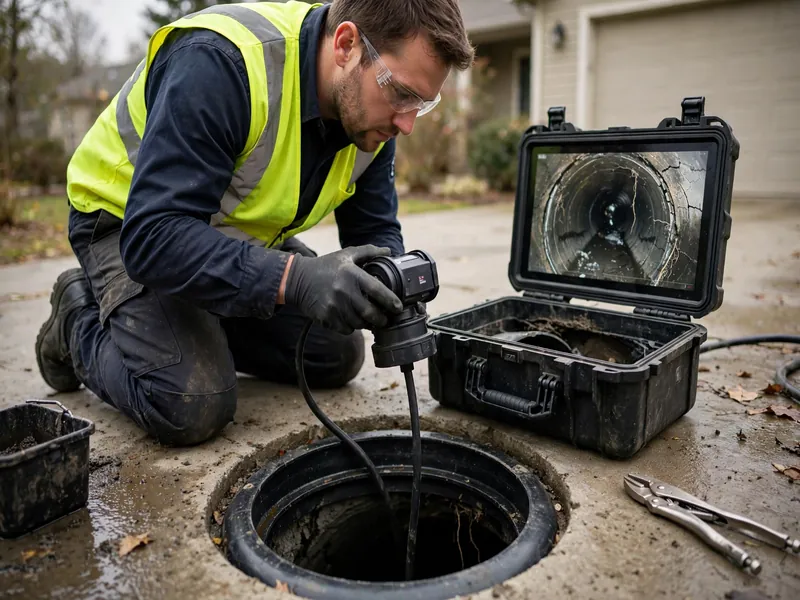 Técnico pasando el cable de una cámara de alcantarillado por un registro en una casa de Perth Amboy