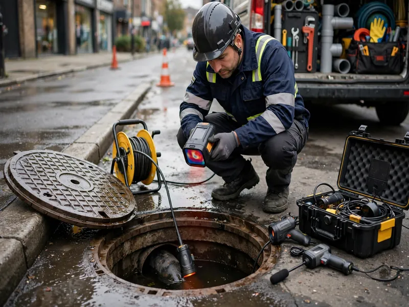 Técnico usando equipo de detección de fugas en una línea de alcantarillado en Perth Amboy NJ