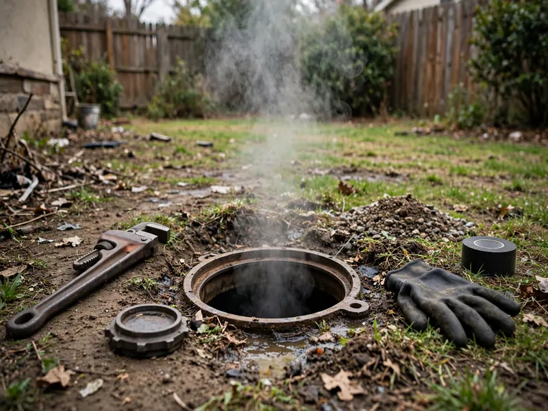 Técnico localizando la fuente de un olor a alcantarilla en un patio de Perth Amboy