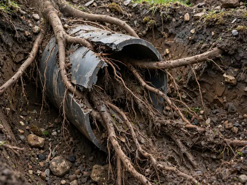 Tree roots intruding into an old clay sewer pipe near a Perth Amboy home