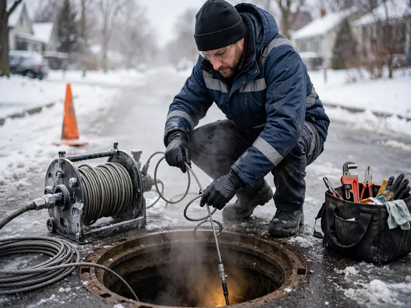 Técnico inspeccionando un registro de alcantarillado en condiciones de invierno en una casa de Perth Amboy NJ