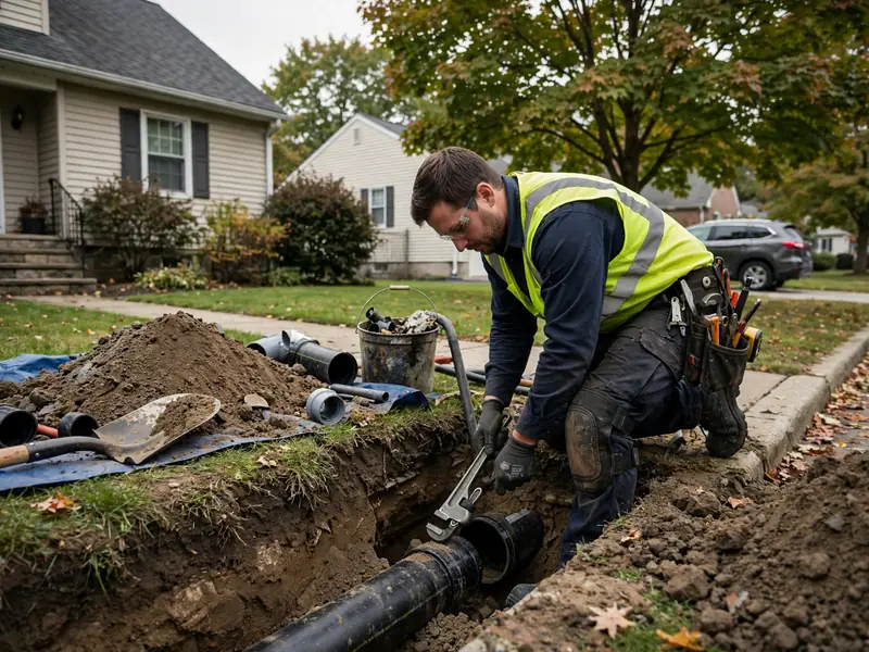 Técnico de reparación de emergencia de alcantarillado trabajando en una casa de Amboy Avenue, NJ