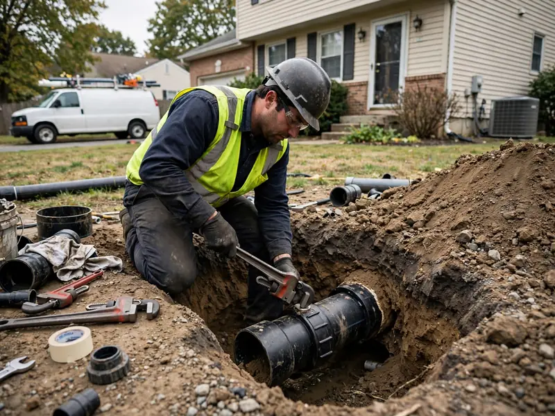 Emergency sewer repair technician working at a Avenel, NJ home