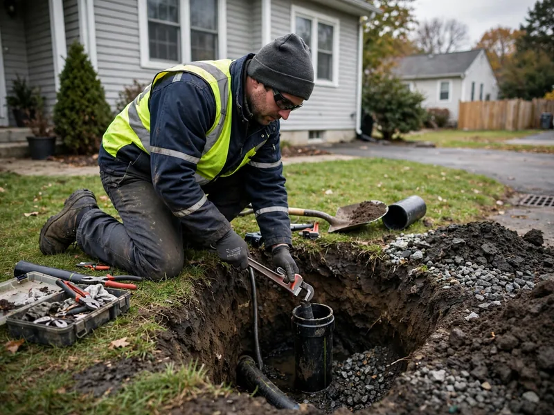 Técnico de reparación de emergencia de alcantarillado trabajando en una casa de Carteret, NJ