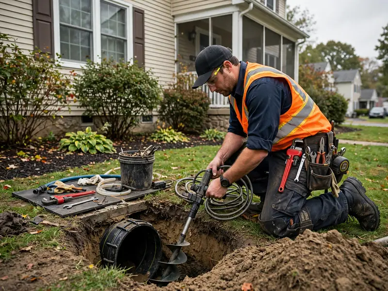 Emergency sewer repair technician working at a Chickentown, NJ home