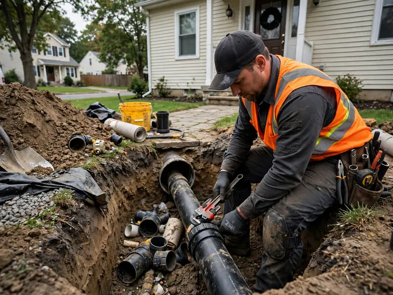 Emergency sewer repair technician working at a Colonia, NJ home