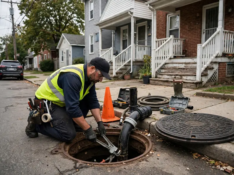 Técnico de reparación de emergencia de alcantarillado trabajando en una casa de Downtown Perth Amboy, NJ