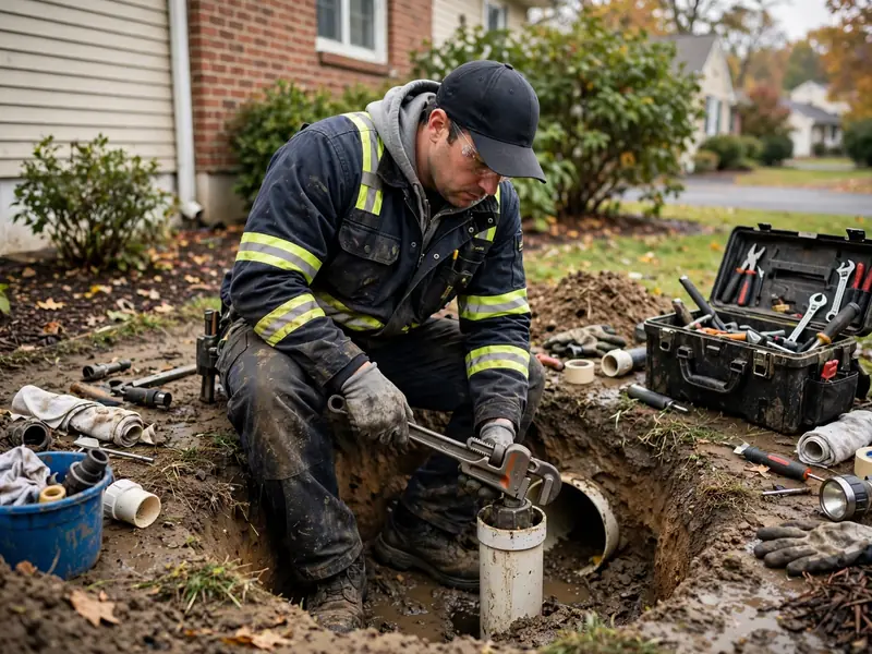 Técnico de reparación de emergencia de alcantarillado trabajando en una casa de Edison, NJ