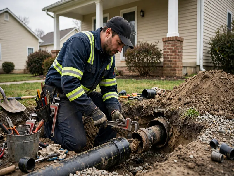 Técnico de reparación de emergencia de alcantarillado trabajando en una casa de Fords, NJ