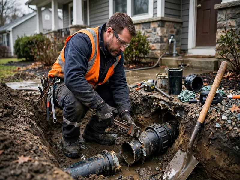 Técnico de reparación de emergencia de alcantarillado trabajando en una casa de Harbortown, NJ