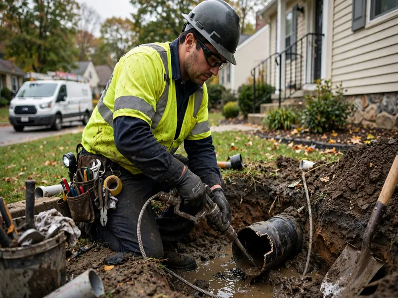 Emergency sewer repair technician working at a Iselin, NJ home