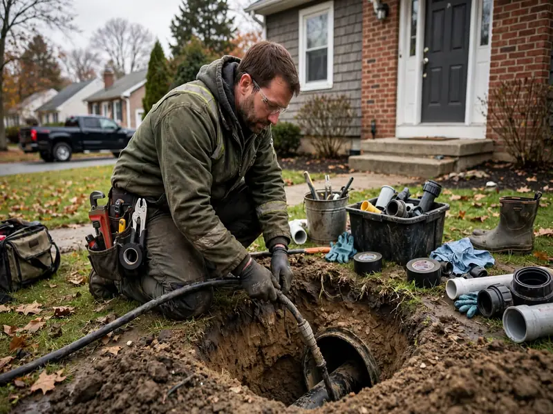 Técnico de reparación de emergencia de alcantarillado trabajando en una casa de Metuchen, NJ