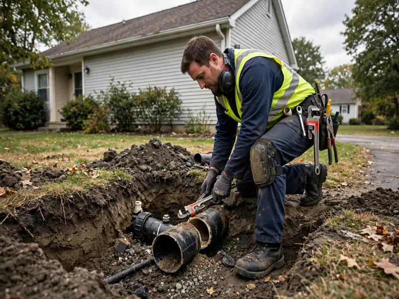 Emergency sewer repair technician working at a Port Reading, NJ home