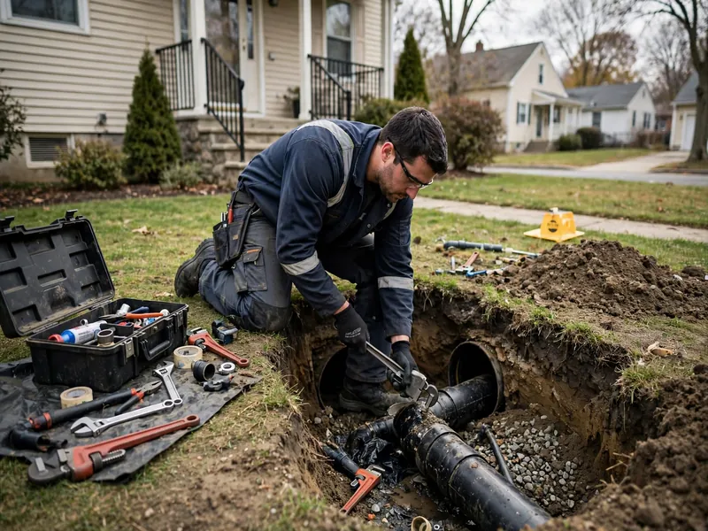 Emergency sewer repair technician working at a Rahway, NJ home