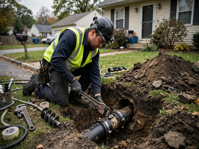 Técnico de reparación de emergencia de alcantarillado trabajando en una casa de Sayreville, NJ