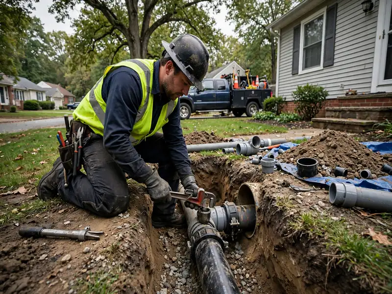 Emergency sewer repair technician working at a Sewaren, NJ home