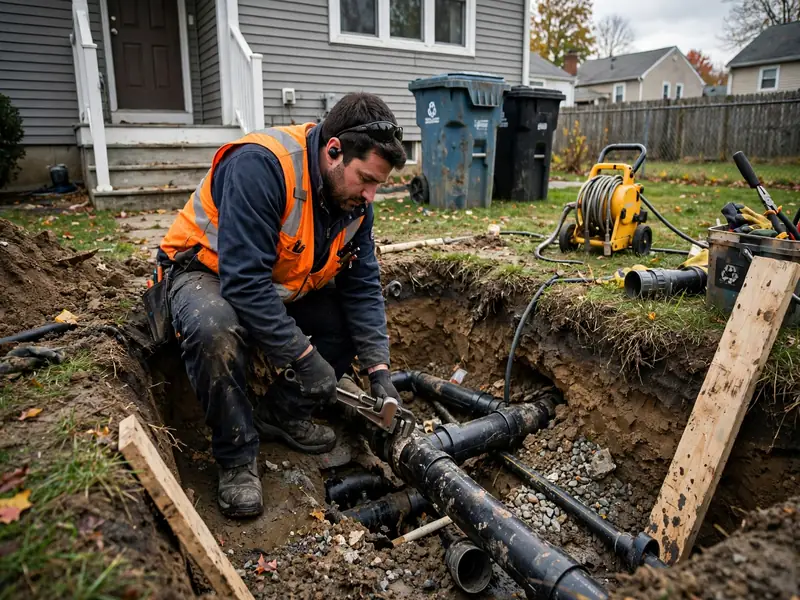 Técnico de reparación de emergencia de alcantarillado trabajando en una casa de South Amboy, NJ