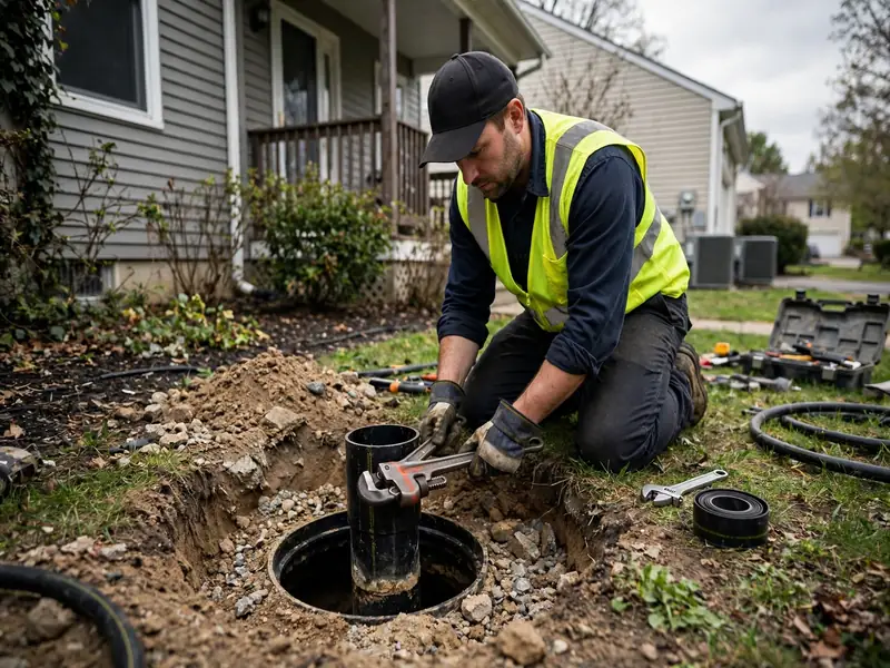 Técnico de reparación de emergencia de alcantarillado trabajando en una casa de State Street, NJ