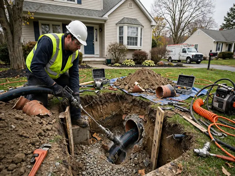 Pipe bursting sewer lateral replacement in Harbortown, NJ