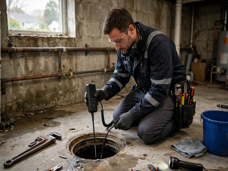 Técnico de detección de fugas de drenaje inspeccionando una línea lateral de drenaje en Carteret, NJ