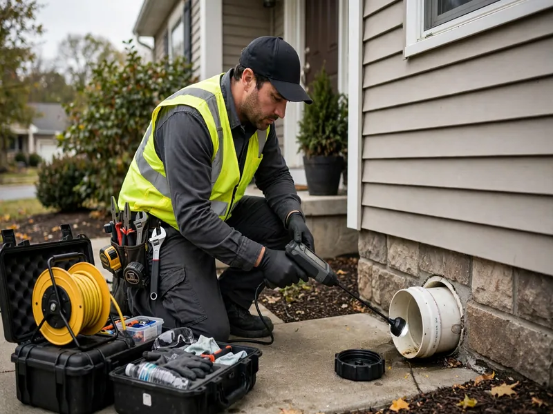 Sewer leak detection technician inspecting a sewer lateral in Chickentown, NJ