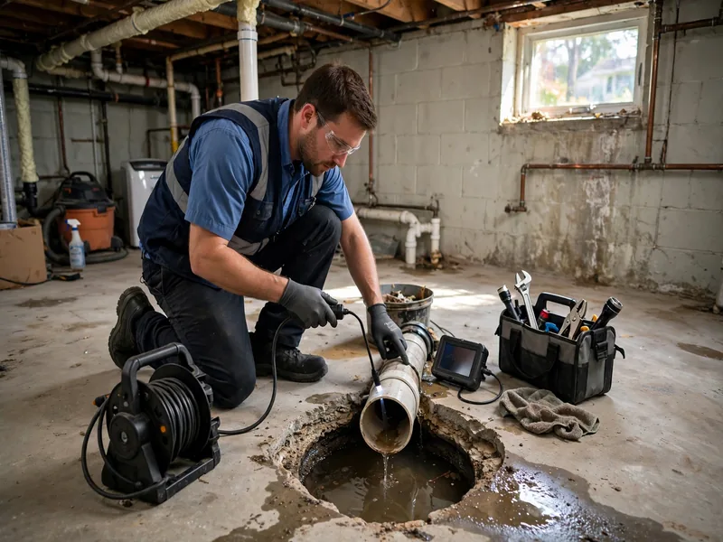 Técnico de detección de fugas de drenaje inspeccionando una línea lateral de drenaje en Edison, NJ