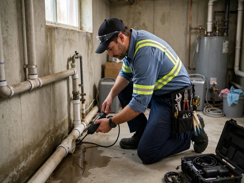 Sewer leak detection technician inspecting a sewer lateral in Fords, NJ