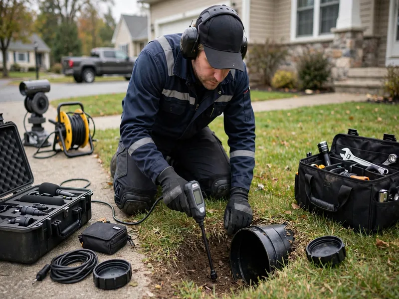 Técnico de detección de fugas de drenaje inspeccionando una línea lateral de drenaje en Hall Avenue, NJ