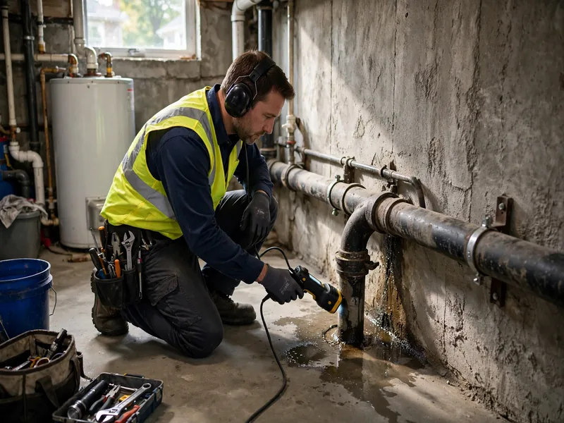 Sewer leak detection technician inspecting a sewer lateral in Harbortown, NJ