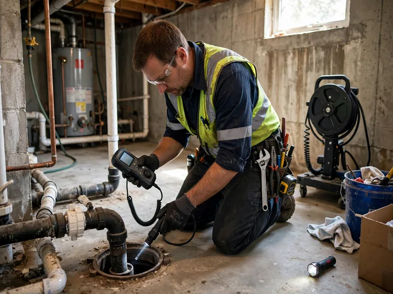 Sewer leak detection technician inspecting a sewer lateral in Keasbey, NJ