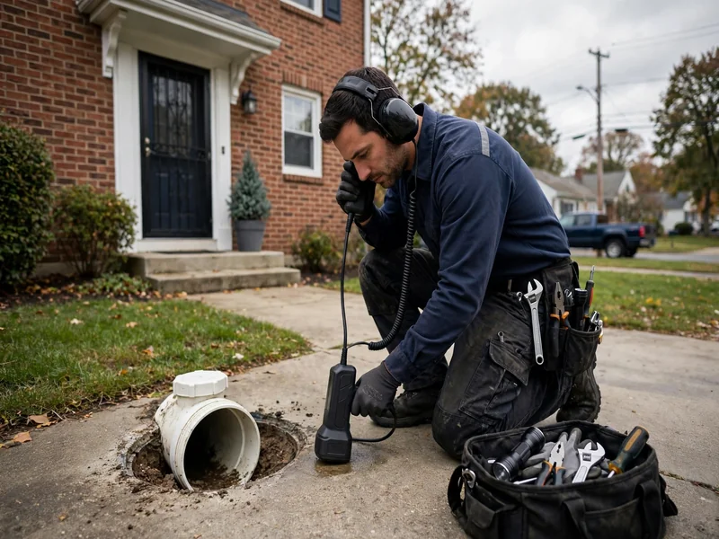 Sewer leak detection technician inspecting a sewer lateral in State Street, NJ