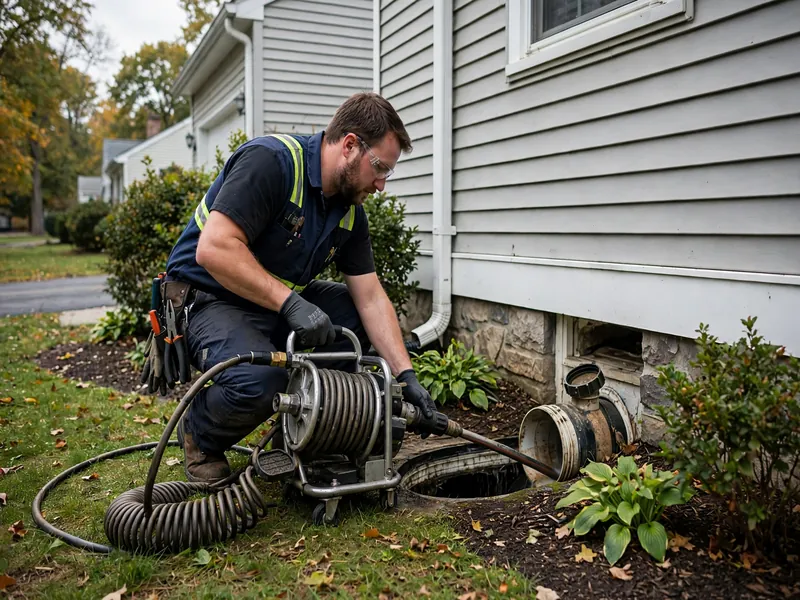 Técnico de limpieza de drenajes dando servicio a una tubería de alcantarillado en Fords NJ