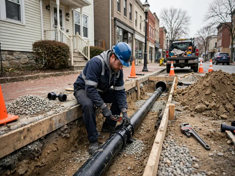 Trabajo de instalación de línea de alcantarillado en Downtown Perth Amboy, NJ