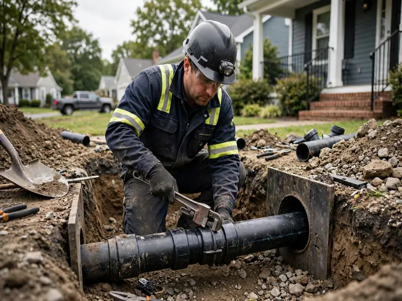 Cuadrilla de reemplazo de tubería de alcantarillado trabajando en una tubería lateral residencial en Amboy Avenue, Perth Amboy NJ