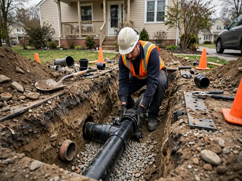 Reemplazo de tubería de alcantarillado para una casa de la era del ferrocarril en Port Reading NJ cerca del Arthur Kill