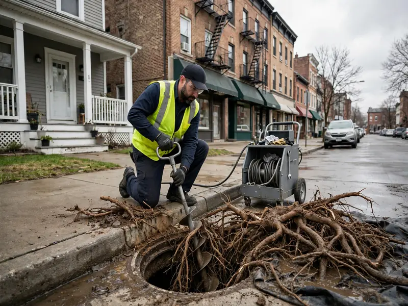 Tree root removal from sewer line in Downtown Perth Amboy, NJ