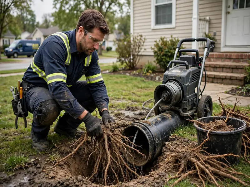Tree root removal from sewer line in State Street, NJ