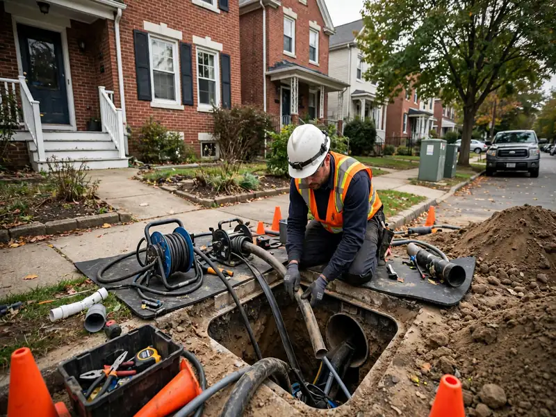 Reparación de alcantarillado sin zanja en un lote estrecho del centro de Perth Amboy NJ