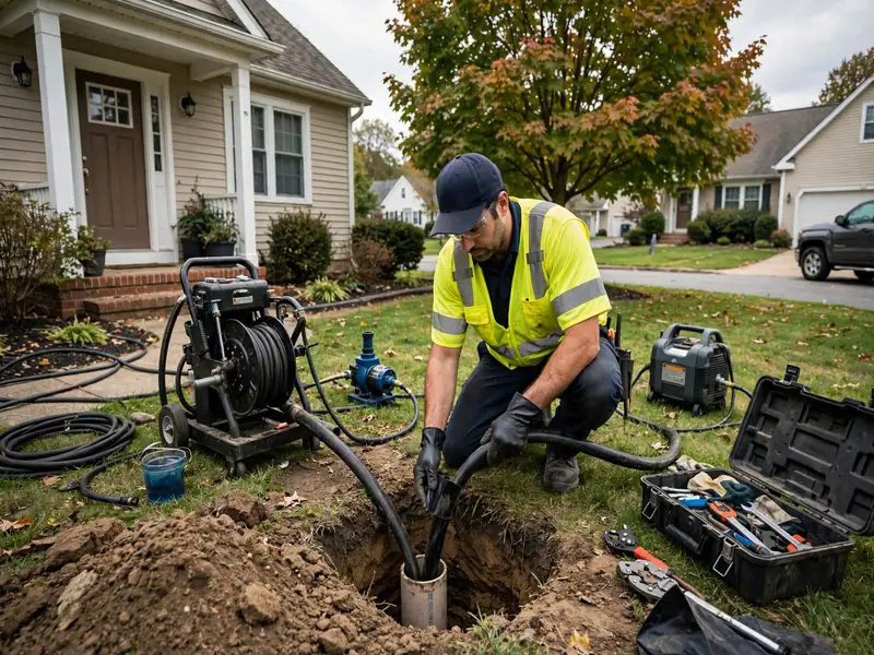 Reparación de alcantarillado sin zanja en un lote angosto entre coloniales en Hall Avenue NJ