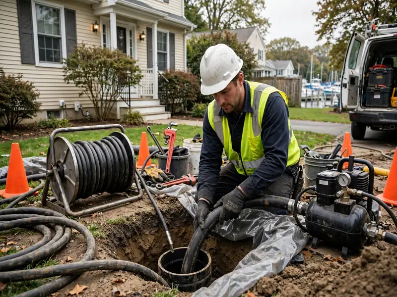 Inspección con cámara de una tubería lateral moderna de PVC en Harbortown NJ