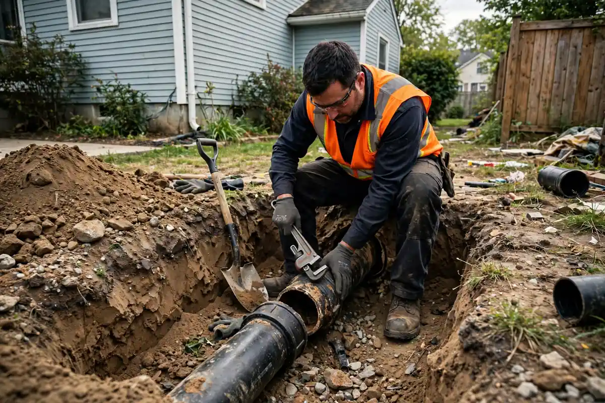 Técnico reparando una línea de alcantarillado expuesta en una casa de Perth Amboy, NJ