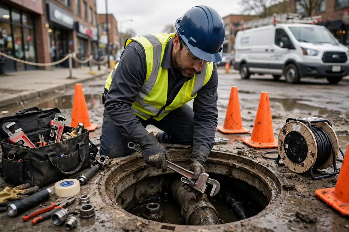 Técnico realizando servicios comerciales de alcantarillado en un edificio de Perth Amboy, NJ