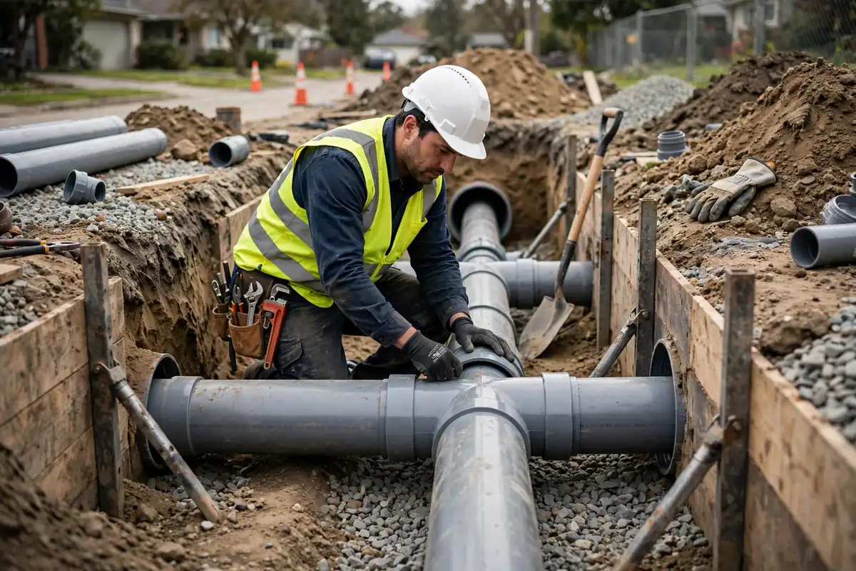 Zanja de instalación de línea nueva de alcantarillado con tubería PVC en Perth Amboy, NJ
